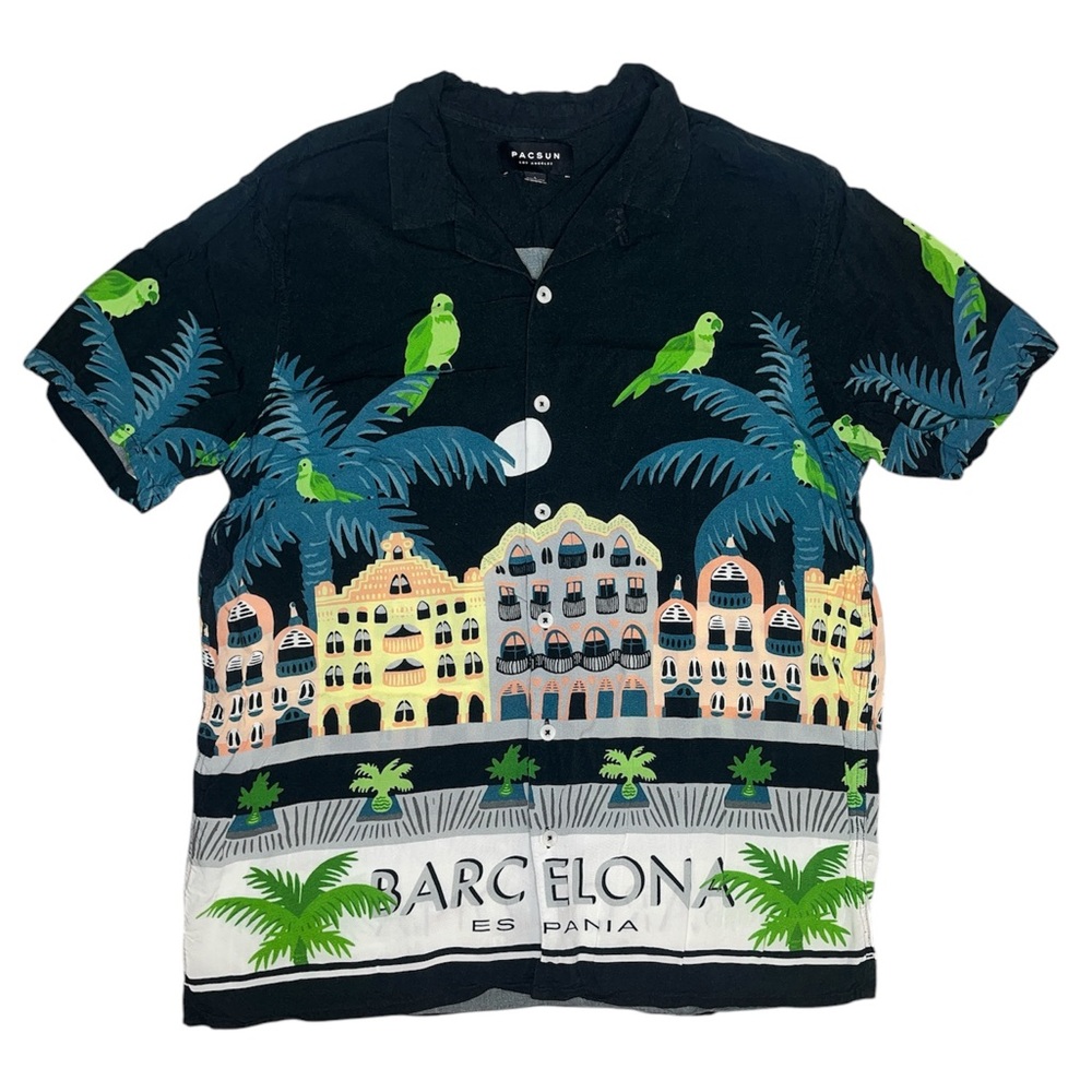 PacSun Barcelona Spain Tropical Lightweight Collared Button-Up Graphic Shirt L